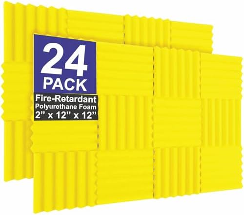 Foam Factory Inc 24 Pack Color Acoustic Foam Panel Studio Soundproofing Wedge Wall Tiles 12” X 12” X 2” (Yellow)