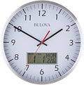 Bulova Manager Wall Clock C4810 | 14" Brushed Aluminum Industrial Frame with Digital Date & Temperature Display | Silent Sweep Quartz Movement | Battery Operated | Office & Home Décor