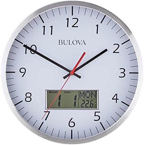 Bulova Manager Wall Clock C4810 | 14" Brushed Aluminum Industrial Frame with Digital Date & Temperature Display | Silent Sweep Quartz Movement | Battery Operated | Office & Home Décor