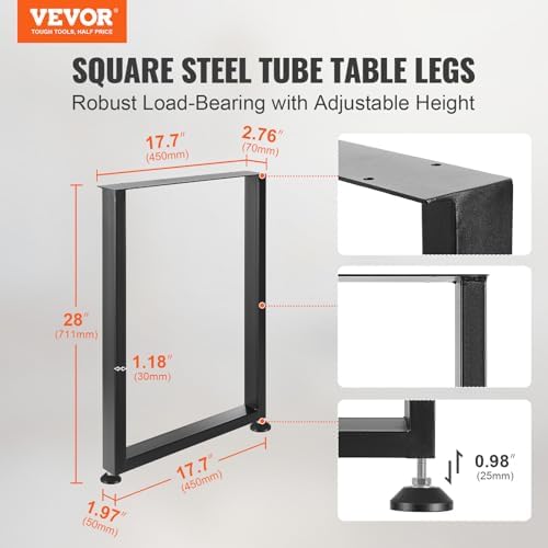 VEVOR 28 Inch Adjustable Furniture Legs, Square Reinforced Steel Office Table Legs Set of 2 for DIY, Max Load 1000 lbs Heavy Duty Desk Legs, Quick Instalation & Rich Accessories Legs Black
