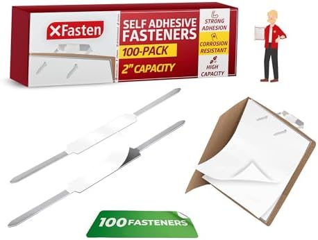 XFasten Self Adhesive Fasteners 2 Inch Capacity (100-Pack) Strong Adhesion Premium File Prong Fasteners 2 Inch for Folders, Paper, Reports, Charts Folder Accessories, File Prong Fastener Base