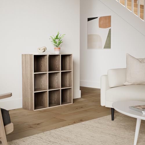 JupiterForce 9 Cubes Bookcases Storage Organizer, 3-Tier Wooden Open Bookshelf Cabinets with Removable Back Panels for Home, Office, Living Room(Natural)