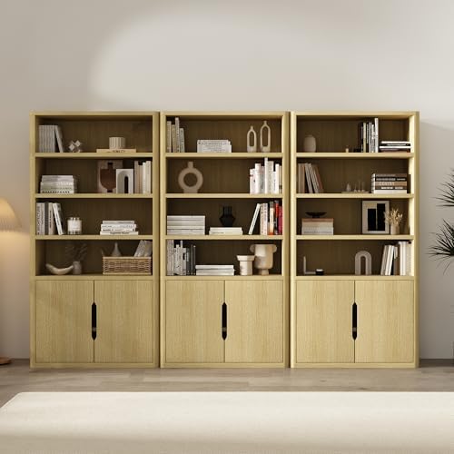 Manhattan Comfort Rivington 79 in Tall Modern Bookshelf with Soft Close Doors, Four Open Shelves and Two Adjustable Shelves, Bookcase Storage Cabinet for Living Room or Office, Set of 3 in Natural Oak