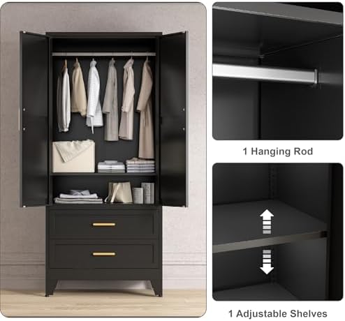 Washsemba 71'' Farmhouse Metal Wardrobe Cabinet with Hanging Rod, 2 Barn Door Wardrobe Closet with Adjustable Shelves,2 Drawer,for Dining Room,Bedroom,Living Room, Cloak Room,Office (Black)