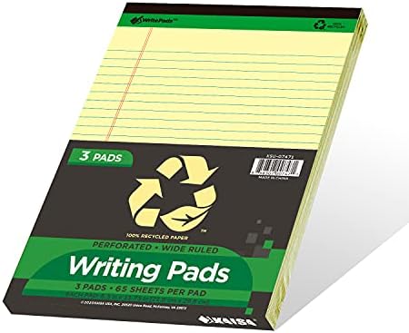 KAISA Yellow Legal Pads Writing Pads Recycled Paper 8.5"x11.75" Wide Ruled Perforated 50 sheets Hard Back Notepads 8-1/2"x 11-3/4" Writing Tablet Canary For Office Supplies (Canary 3pads)