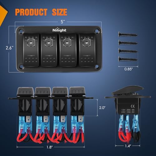 Nilight 4 Gang Rocker Switch Panel w/Purple LED Light 5Pin On Off Pre-Wired