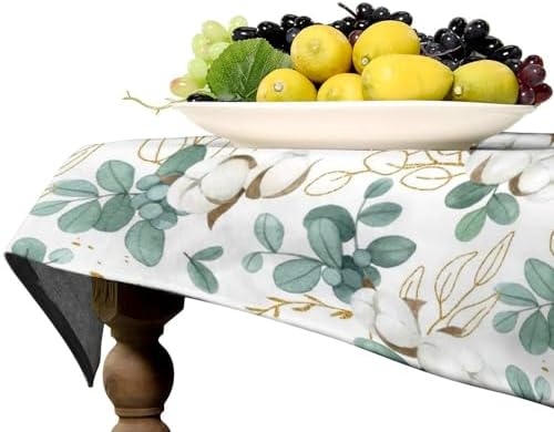 Cotton Flowers Tablecloth, Watercolor Summer Green Golden Eucalyptus Leaves Floral Print Table Cloth for Outdoor Picnic Home Dining Kitchen Table Decor 55x55in