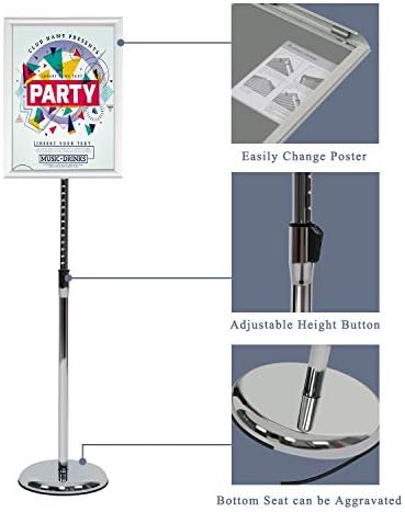 Pedestal Poster Stand, Adjustable Aluminum 11 x 17 Floor Standing Holder for Vertical and Horizontal View Sign Display, Silver