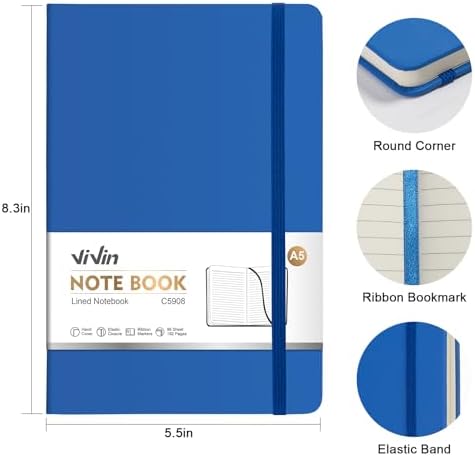 ViVin 8 Pack A5 Hardcover Lined Notebook,192 pg College Ruled 5.5x8.3