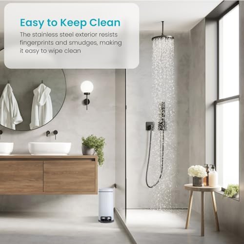 Home Zone Living 3-Pack 1.3 Gallon Small White Bathroom Trash Can with Lid and Step Pedal, Stainless Steel Wastebasket with Slim Ribbed Design for Home and Office, 5 Liters