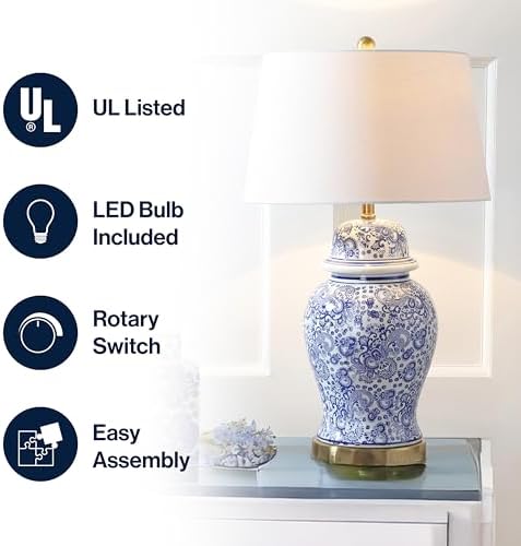 JONATHAN Y Ellis Chinoiserie Ginger Jar Table Lamp 29.5", Blue/White