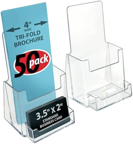 Azar Displays, 252922-50PK, Counter Trifold Brochure Holder with Horizontal Business Card Holder, Brochure Display Stand with Gift Card Pocket Flyer Holder Clear Card Display for Literature, 50-Pack
