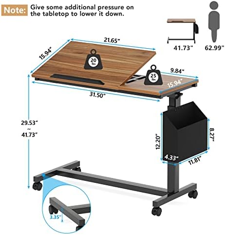Tribesigns Height Adjustable C Shaped End Table with Wheels, Tilting Laptop Table with Side Pocket for Couch, Bed and Recliner, Walnut Brown