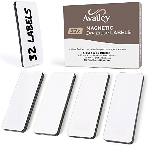 Availey 32 Pieces (4 x 1.8) - White Magnetic Dry Erase Labels - Reusable Strips for Classroom Home Office Garage Refrigerator - Blank Writable Erasable Cards - Name Tags Students Locker Shelf