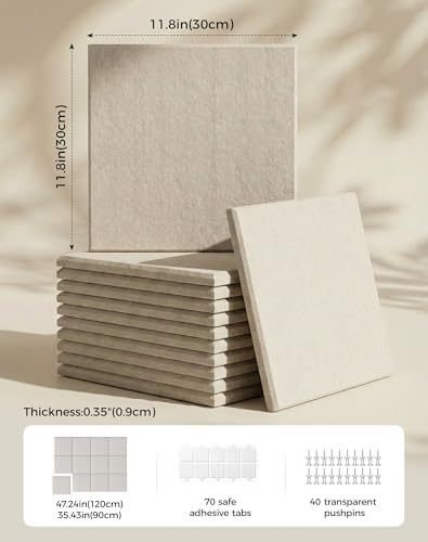 Aothia Felt Bulletin Board Tiles, 12-Pack 48"x36" Large Pin Board for Wall, Modern Cork Board Alternative for Notes, Photos, Memo & Office Organization, 70 Adhesive Tabs & 40 Push Pins, Oatmeal