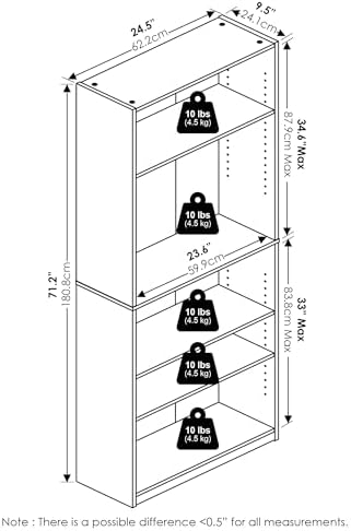 Furinno Jaya 5-Tier Book Shelf with Adjustable Shelves, Black Espresso