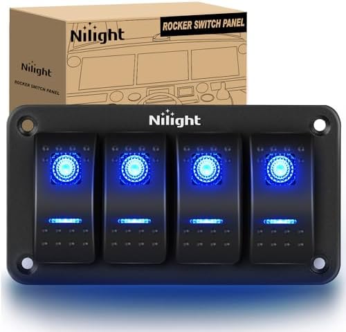 Nilight - 90109D 4 Gang Aluminum Rocker Switch Panel Toggle Dash 5 Pin ON/Off Pre-Wired Rocker Switch Blue Backlit Switch for Automotive Car Marine Boat RV,2 Years Warranty