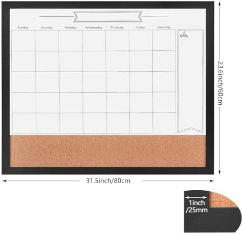 Dry Erase Calendar Whiteboard for Wall, Combination Magnetic Dry Erase White Board & Bulletin Board, 23.6" x 31.5" Wood Framed Calendar/Cork Combo Board(BK-6080)