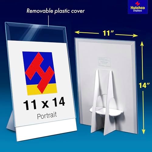 Paper Sign Holder (11 x 14 Inches) Plastic Countertop Display w/Shatterproof (No Acrylic) Clear Design & Cardboard Easel Back Tabletop Slant Support for Stackable Lightweight Portable by Hutchco