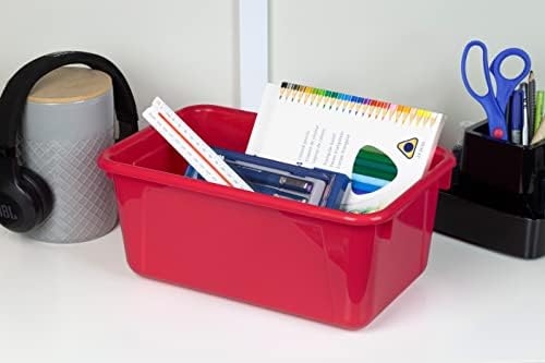 Storex Small Cubby Bins – Plastic Storage Containers for Classroom with Non-Snap Lid, 12.2 x 7.8 x 5.1 inches, Red, 5-Pack (62407A05C)