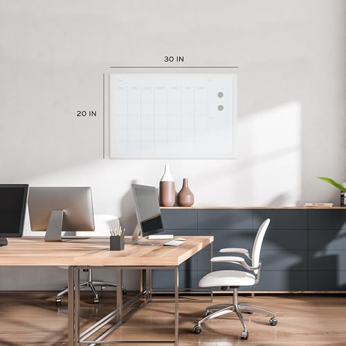 U Brands Magnetic Dry Erase Calendar White Board, 30" x 20", White Wood Style Frame, Includes Magnets