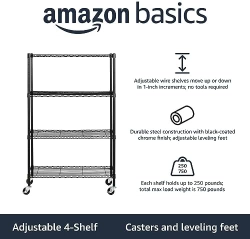 Amazon Basics 4-Shelf Heavy Duty Garage Shelving Storage Unit on 3" Wheel Casters, Adjustable Metal Wire Rack with Leveling Feet, 36" x 14" x 57.75", Black