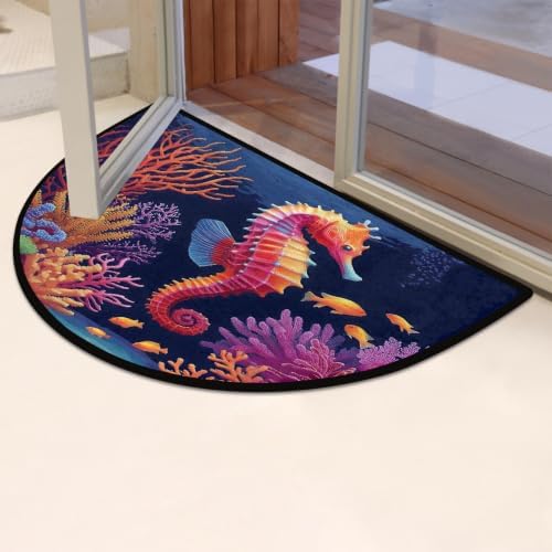 Seahorse Colorful Half Round Door Mat Non Slip Washable Semi Circle Area Rug Absorbent Soft Half Moon Rug Floor Mat for Indoor Outdoor Kitchen Bathroom Patio Front Door Mat Decor