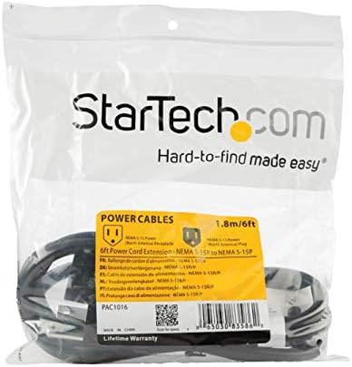 StarTech.com 6ft (2m) Power Extension Cord, NEMA 5-15R to NEMA 5-15P Black Extension Cord, 13A 125V, 16AWG, Outlet Extension Power Cable, AC Power Cord - UL Listed (PAC1016)