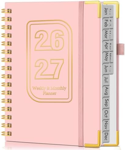 Academic Planner 2026-2027, Weekly and Monthly Hardcover Planner, July 2026 - June 2027, 5.75" x 8.38" A5 Large Daily Calendar Planner Book with Tabs, Spiral Yearly Agenda Organizer Notebook for School Work Home, Pink