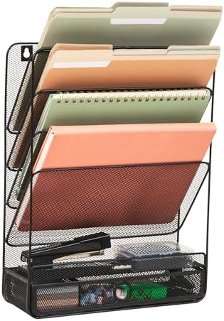 Mind Reader 4-Tier Vertical File Storage, Desktop Organizer, Wall Mount, Office, Metal Mesh, 12.5"L x 4"W x 16.5"H, Black