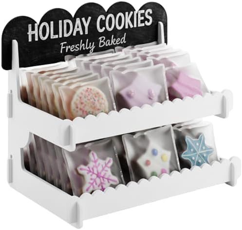 HOTCAN Wooden Cookie Display Stand with Chalkboard Sign for Bakers, Vendors, Craft Fairs | Pastry Display for Market Booths & Events | 2 Tiered Cookie Display for Muffins, Cakes, and Pastries (White)
