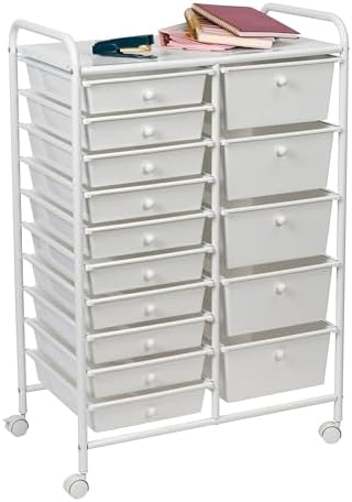Honey-Can-Do 15-Drawer Metal Rolling Storage Cart, White Steel Multi-Purpose Organizer with Wheels, Heavy Duty Mobile Utility Trolley for Home Office, School, and Craft Supplies