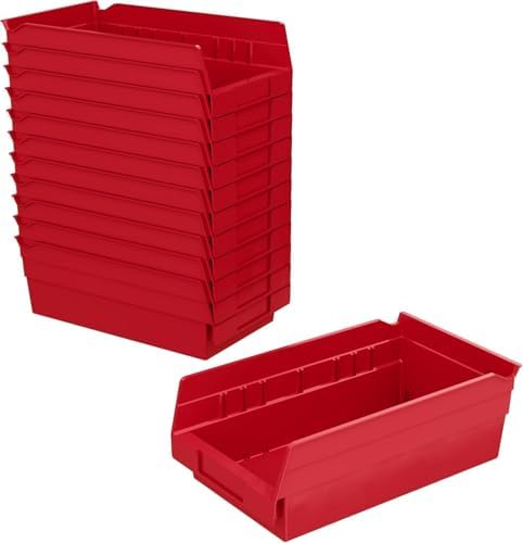 Akro-Mils 30130 Heavy Duty Plastic Shelf Bins, 12"x 6.5"x 4", Red, 12-Pk