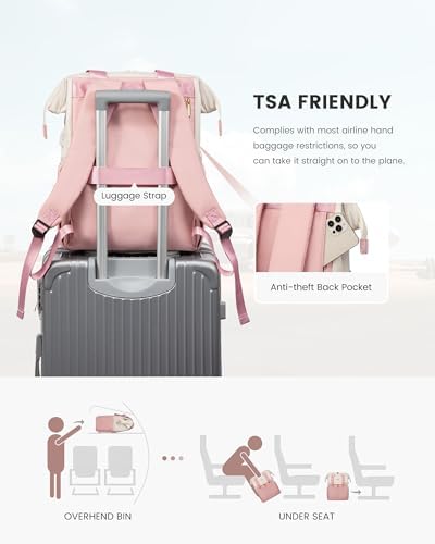 LOVEVOOK Laptop Backpack for Women, 15.6 Inch Work Laptop Bag with USB Port, Fashion Teacher Nurse Backpack Purse, Waterproof Travel Computer Backpack with Organizer Bag, 2PCS, Beige-Pink