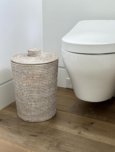 Kouboo La Jolla Rattan Waste Basket with Lid, Large White Wash Insert