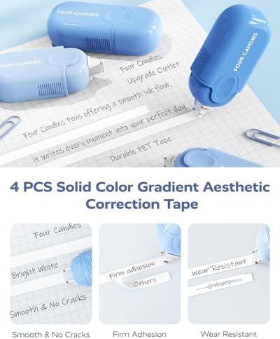 Four Candies Aesthetic School Supplies Kit with Cute Blue Pencil Case | Back to School Stationery Set with Pens, Highlighters, Mechanical Pencils, Sticky Notes for Students, College, Journaling