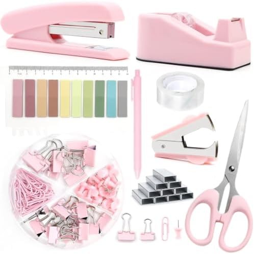 Office Supplies,Pink Desk Accessories,Office Supplies Set,Stapler and Tape Dispenser Set,Scissors,Staple Remover,Binder Clips,Staples,Ballpoint Pen,Index Tabs with Ruler,Clear Tape.9pcs for Office