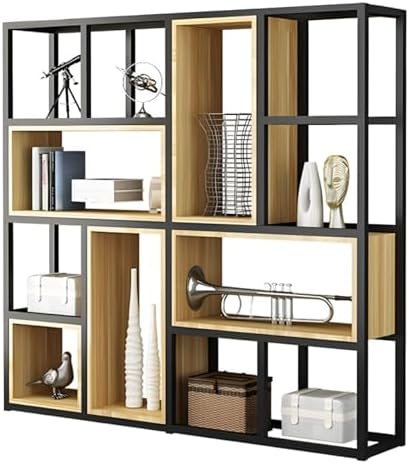 Wood Industrial Cube Bookcase with Shelves & Open Back Iron Bookshelf Floor Steel & Wood Shelf Multi-Layer Shelf Storage Rack Office Partition Display Rack Natural 63" L x 9.8" W x 63" H