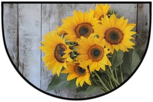 Vintage Sunflower Wood Half Round Door Mat Non Slip Washable Semi Circle Area Rug Absorbent Soft Half Moon Rug Floor Mat for Indoor Outdoor Kitchen Bathroom Patio Front Door Mat Decor
