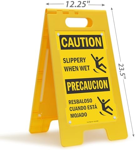 SmartSign - SF-0193-FB-25x12 "Caution - Slippery When Wet" Bilingual Folding Floor Sign | 25" x 12" Plastic Black on Yellow