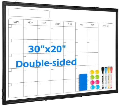 Whiteboard Calendar 30x20 Monthly Magnetic Dry Erase Board, Black