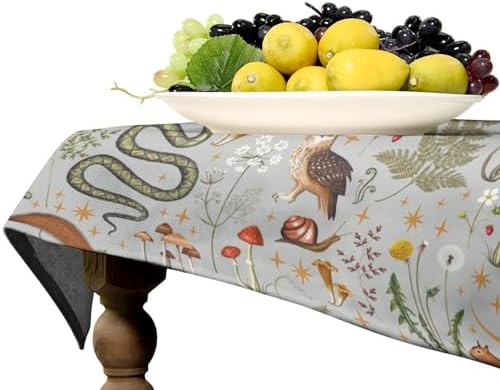Woodland Animal Tablecloth, Grey Country Forest Hare Squirrel Owl Snake Snail Flowers Mushroom Print Table Cover for Picnic Party Holiday Home Kitchen Dining Table Decor 60x120in