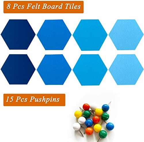 8Pcs Hexagon Felt Cork Board Tiles, Self Adhesive DIY Bulletin Board Pin Board for Office School Home Wall Decor Stickers Memos Photos Display (Gradual Blue)