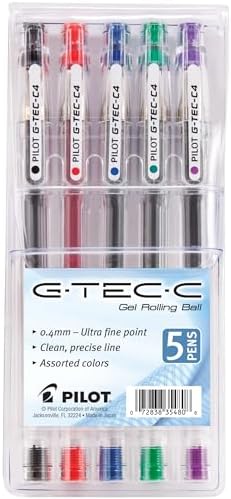 PILOT G-Tec-C Gel Ink Pens, Black/Blue/Red/Green/Purple Inks, 5-Pack Pouch