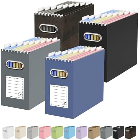 Oterri Portable Collapsible Cardboard File Box with Handle for Letter-Size | 4-Pack. Stainless Steel Handle. Label Stickers Included. Fits Letter Folders (Not Included). Home, Office, School, Dorm, Tax.
