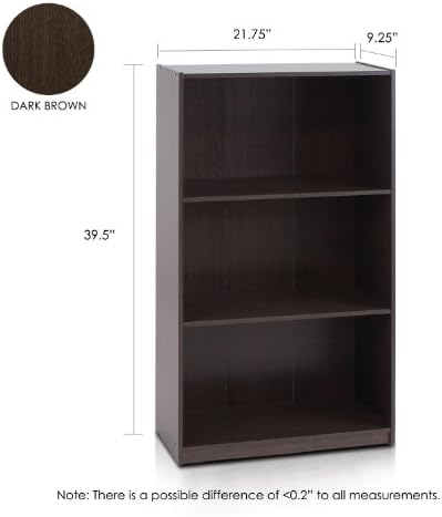 Furinno Basic 3-Tier Book Shelf with Open Shelves, Dark Brown