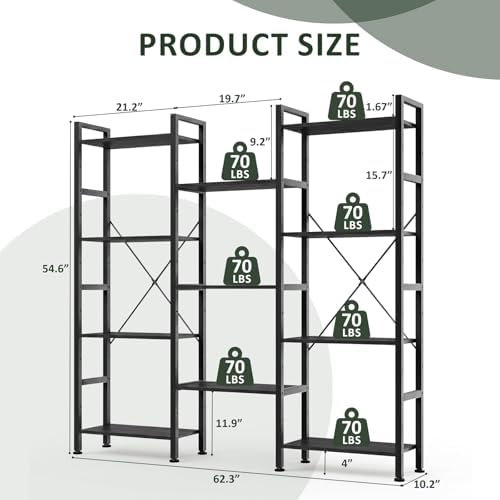 Triple Bookshelf, Free Standing Bookcase with Open Storage Shelves