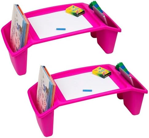 Mind Reader Kids Lap Desk, Portable Activity Tray with Side Storage, Stackable Plastic Desk for Drawing, Snacks, Study, Set of 2, Pink