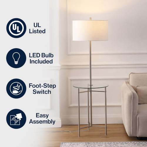 JONATHAN Y Chuck 59" Metal and Glass Side Table Floor Lamp, Brushed Nickel