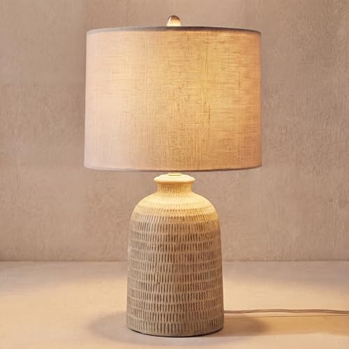 Nourison Home 24" Natural Beige Textured Ceramic Table Lamp with Tan Linen Shade, Farmhouse Accent Lamp, Bedside Nightstand Lamp for Bedroom, Living Room